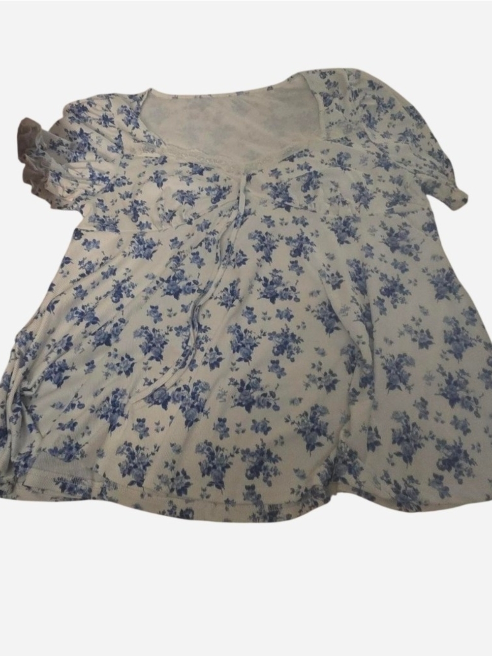 SHEIN White Babydoll Top with Blue Floral Print